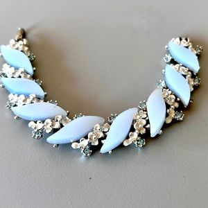 Vintage Thermoset Bracelet Moon Glow Light Blue White Enamel Floral Silver Tone